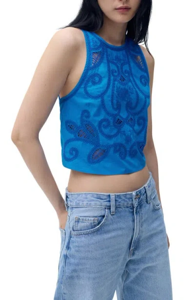 Mango Embroidered Sleeveless Cotton Top In Blue