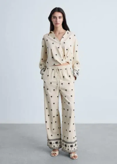 Mango Embroidered Straight-fit Trousers Beige