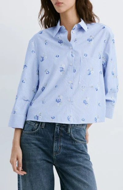 Mango Embroidered Stripe Button-up Shirt In Blue