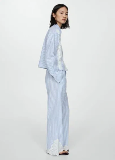 Mango Pantalon Rayures Broderie In Bleu Ciel