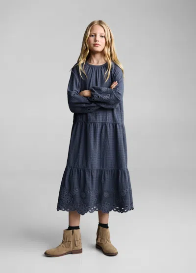 Mango Kids' Embroidered Textured Dress Blue