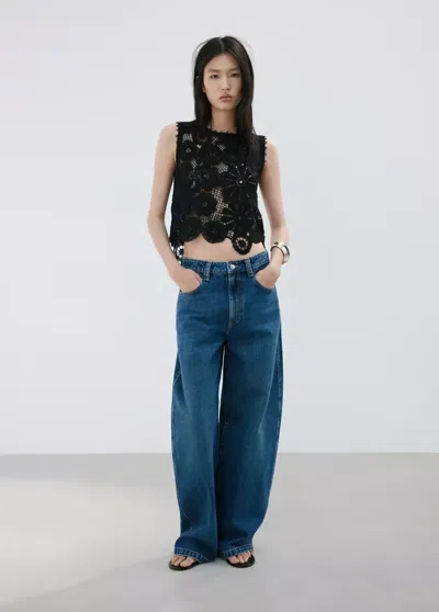 Mango Embroidered Top With Lace Accents In Multi