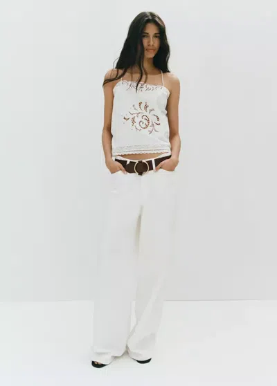 Mango Embroidered Top With Lace Accents In Off White