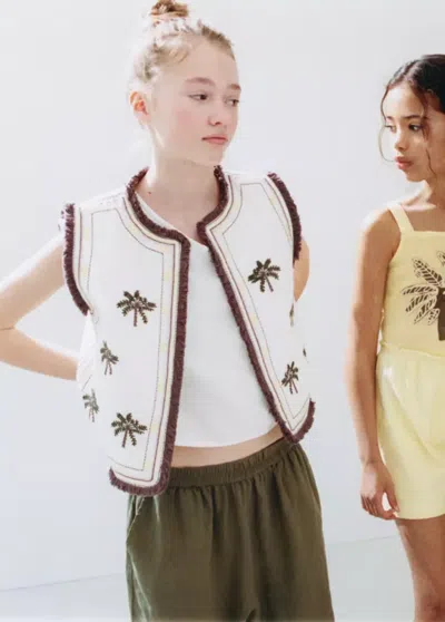 Mango Kids' Embroidered Vest With Fringe Detail In Ecru