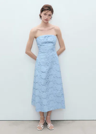 Mango English Embroidered Strapless Dress Blue