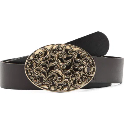 Mango Engraved Buckle Leather Belt In Brown