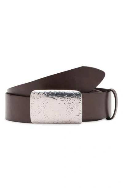 Mango Engraved Buckle Leather Belt In Brown