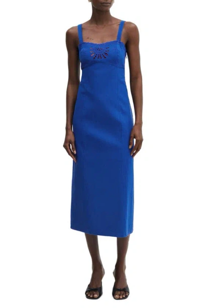 Mango Eyelet Detail Cotton Midi Dress In Blue