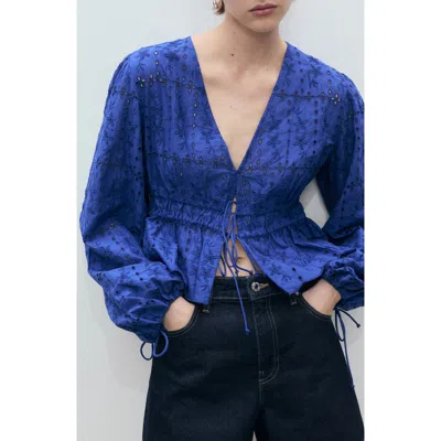 Mango Eyelet Embroidered Tie Front Long Sleeve Cotton Top In Blue