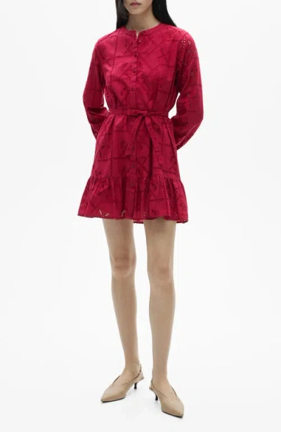 Mango Eyelet Ruffle Hem Tie Waist Long Sleeve Minidress In Strawberry
