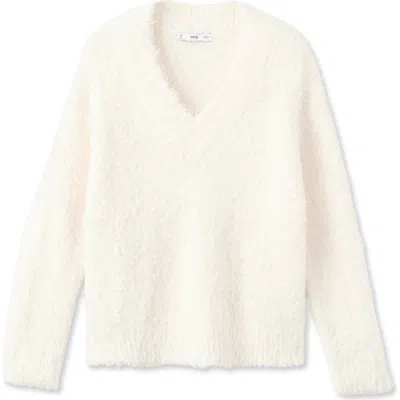 Mango Faux Fur V-neck Sweater In Neutral