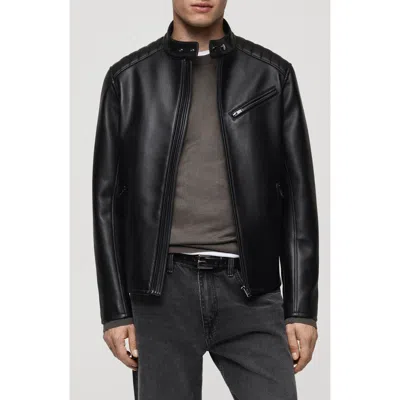 Mango Faux Leather Biker Jacket In Black