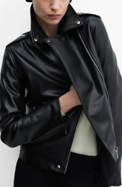 Mango Faux Leather Biker Jacket In Black