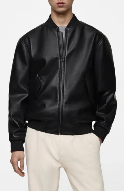 Mango Faux Leather Bomber Jacket In Black