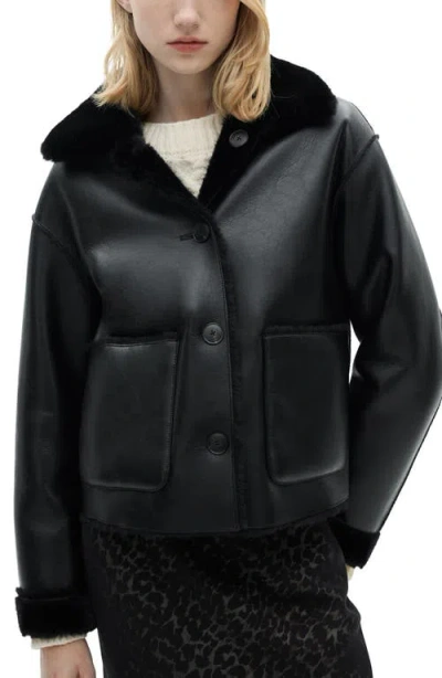 Mango Faux Leather Jacket With Faux Fur Lining In Black
