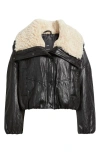 Mango Faux Leather Jacket With Faux Shearling Collar In Black