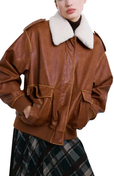 Mango Faux Leather Jacket With Removable Faux Shearling Collar In Brown