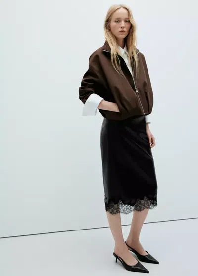 Mango Faux Leather Skirt With Lace Trim In Black