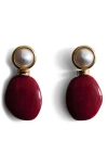Mango Faux Pearl Drop Earrings In Burgundy