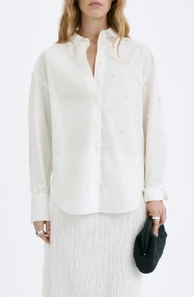 Mango Faux Pearl Trim Button-up Shirt In White