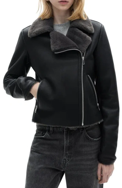 Mango Faux Shearling & Faux Leather Moto Jacket In Black
