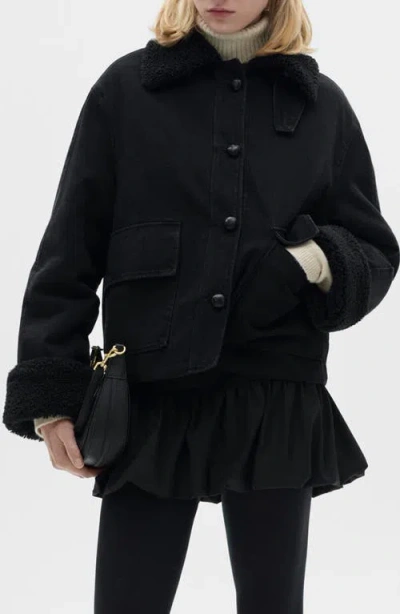 Mango Faux Shearling Lined Denim Jacket In Black Denim