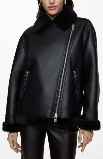 Mango Faux Shearling Moto Jacket In Black