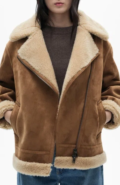 Mango Faux Shearling Moto Jacket In Brown