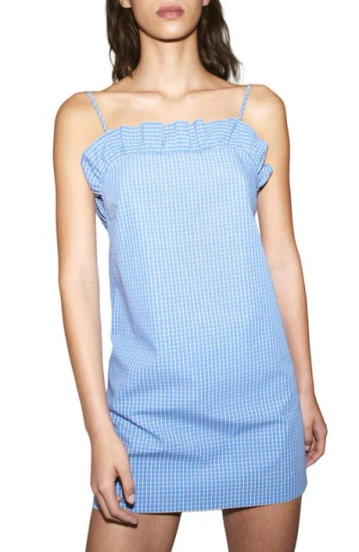 Mango Featuring Hailey Bieber Frill Neck Cotton Minidress In Blue