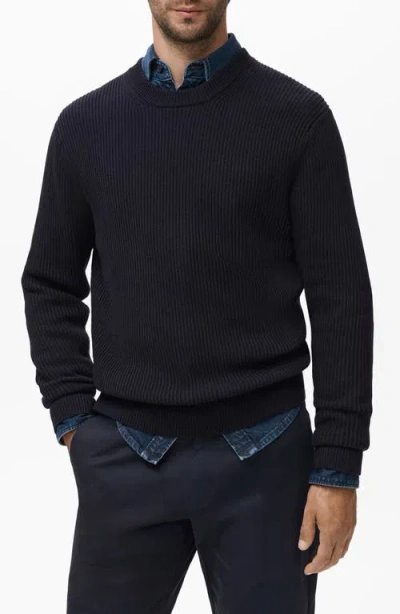 Mango Fine Rib Knit Cotton Crewneck Sweater In Black
