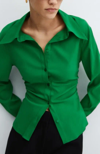 Mango Fitted Ruched Button-up Shirt In Green
