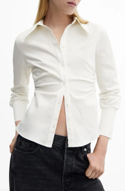 Mango Fitted Ruched Point Collar Button-up Shirt In Off White