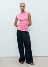 Mango Fitted Top With Gathered Shoulder Pastel Pink