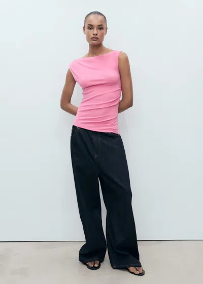 Mango Fitted Top With Gathered Shoulder Pastel Pink In Pink