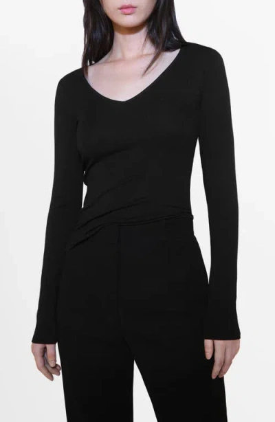 Mango Fitted V-neck Long Sleeve Top In Black