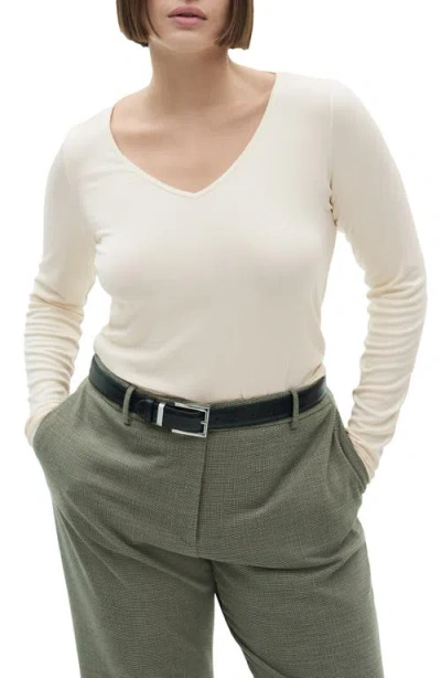 Mango Fitted V-neck Long Sleeve Top In Ecru
