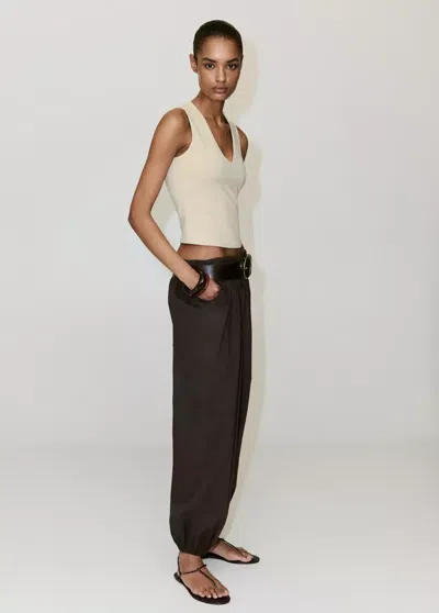 Mango Fitted V-neck Top In Light/pastel Brown