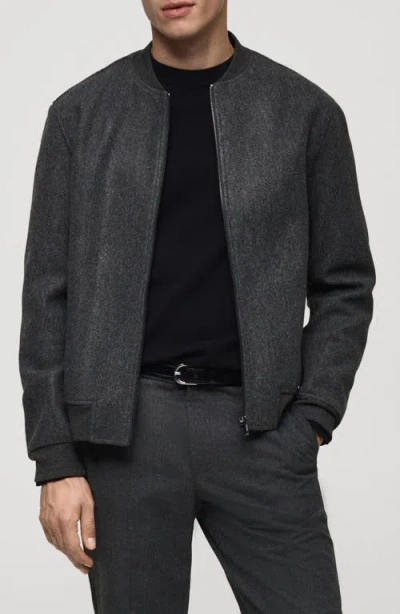 Mango Flannel Bomber Jacket In Dark Heather Grey