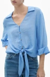 Mango Flare Sleeve Button-up Top In Blue