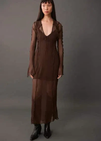 Mango Flared Chiffon Dress Brown In Marron