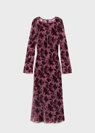 Mango Flared Sleeve Floral Jacquard Dress Burgundy In Pink