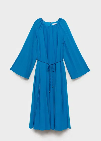 Mango Flared-sleeve Pleated Dress Blue
