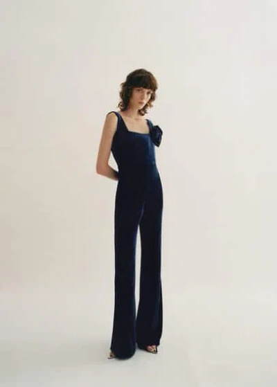 Mango Flared Velour Jumpsuit With Wide Straps Night Blue