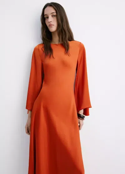 Mango Flared-sleeve Satin Dress In Brown