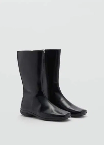Mango Flat Leather Ankle Boots Black