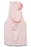 Mango Halter Drape Neck Top With 3d Floral In Pink