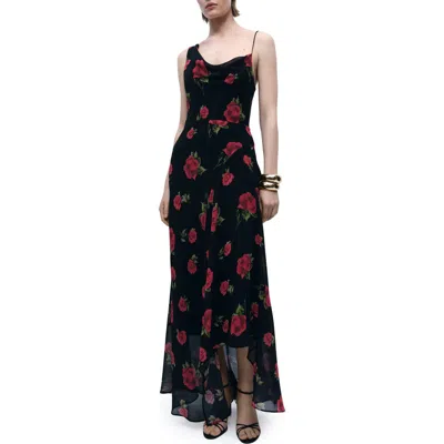 Mango Rose Floral Aysmmetric Maxi Dress In Black