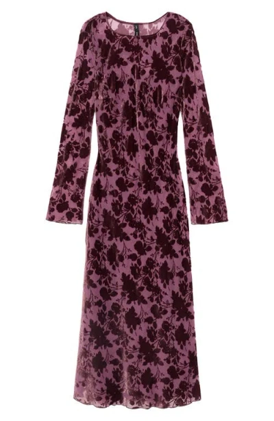 Mango Floral Burnout Velvet Long Sleeve Maxi Dress In Burgundy