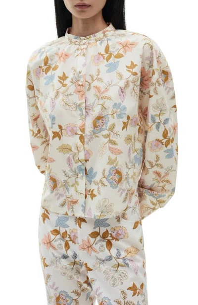Mango Floral Cotton Band Collar Button-up Shirt In Ecru