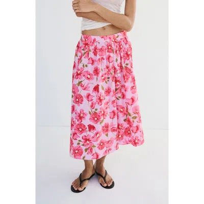 Mango Floral Cotton Midi Skirt In Pink